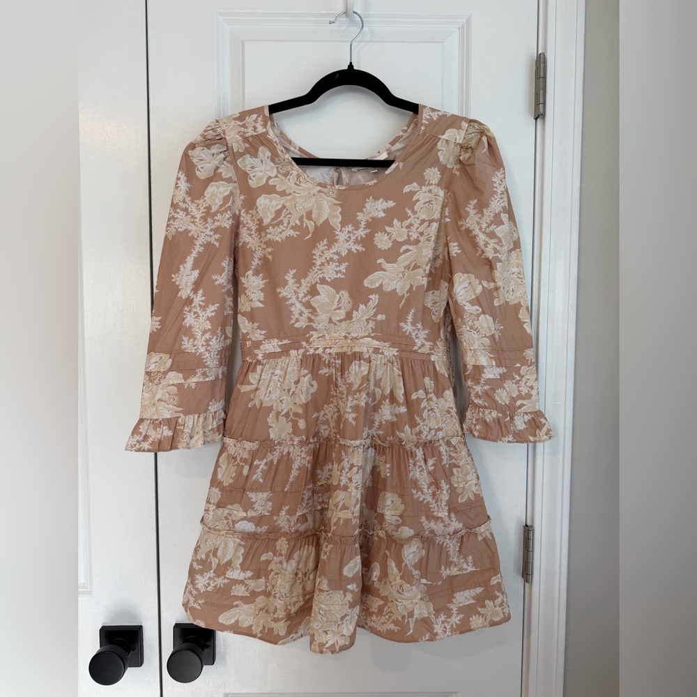 LOVESHACKFANCY Lienzo Regency Floral Cotton Tiered Mini Dress Espresso Foam Sz 2